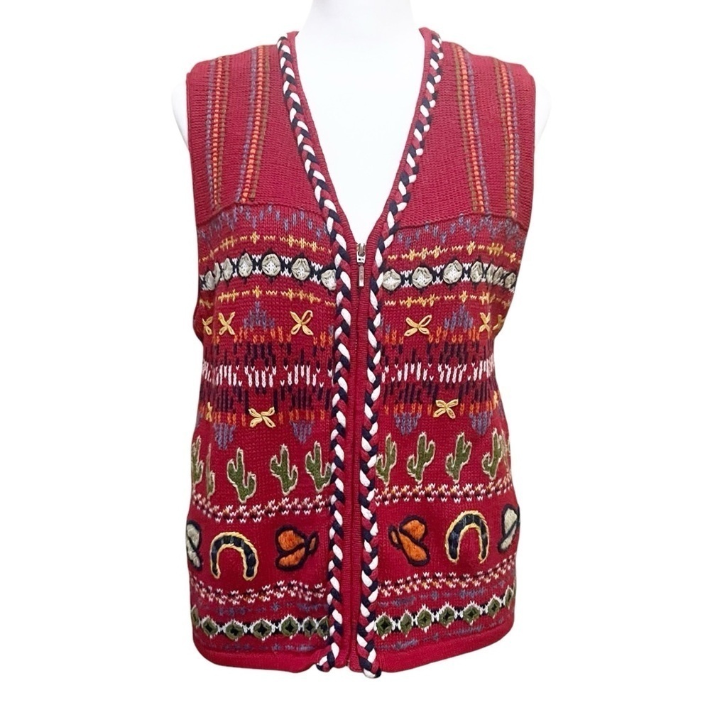 Vintage Vest Womens Medium  RedHand Embroidered Cowboy Western Cactus Zip Front